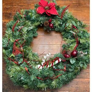Handmade Large 26” Christmas Wreath Butterfly Lights Beads Poinsettia Wire Back